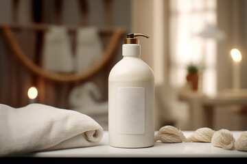 Bote de jabón o crema con dosificador en cuarto de baño composición central, mockup - obrazy, fototapety, plakaty