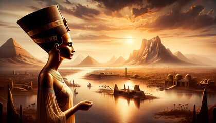 An artistic representation of Nefertiti by the banks of the Nile River, highlighting her legacy in Egyptian history - obrazy, fototapety, plakaty