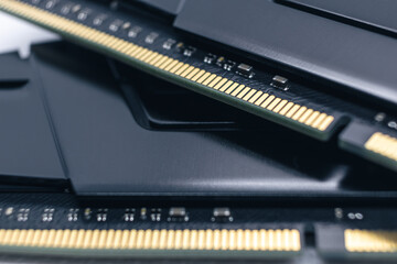 DDR4 DRAM memory module electrical contact macro. Computer RAM chipset close-up. Desktop PC memory components