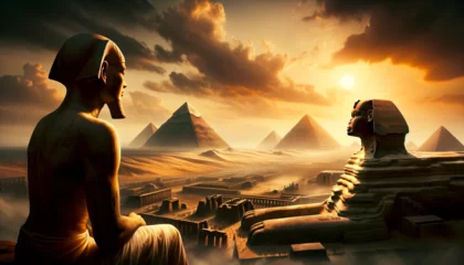 Foto op Canvas An artistic representation of Khufu overseeing the Giza plateau, with the Sphinx and pyramids bathed in the golden light of sunset © FantasyLand86