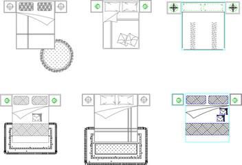 vector illustration of a detailed sketch of the interior of a bedroom with a top view of the mattress