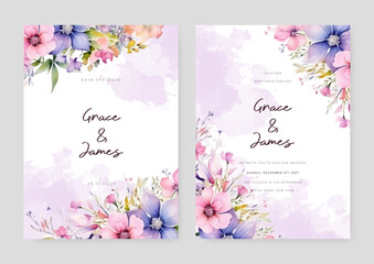 Pink and blue cosmos artistic wedding invitation card template set with flower decorations