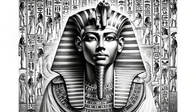 A detailed drawing emphasizing Thutmose III's regal features, adorned attire, and surrounded by hieroglyphic inscriptions