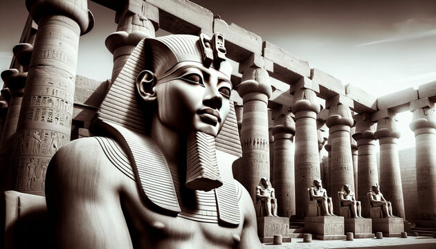 Historical portrait of Pharaoh Thutmose III against the backdrop of the Karnak Temple complex, one of his significant architectural contributions. The majestic pillars and statues of the temple emphas