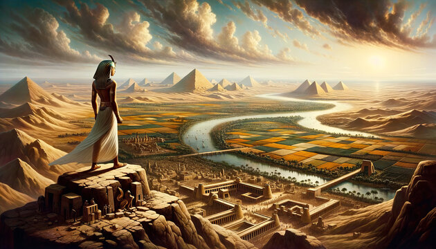 Artistic representation of Thutmose III, standing atop a vantage point overlooking the Nile River. The fertile lands of Egypt stretch out before him, with cities, farmlands, and the distant pyramids v