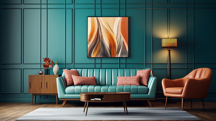 Teal living room sofa design with decor. Modern interior layout idea concept