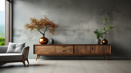 Wooden sideboard in modern living room, concrete wall with wooden paneling, home interior background with copy space