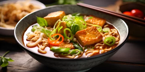Fotobehang Delicious vegan ramen soup with tofu and vegetables, blurred table background © TatjanaMeininger