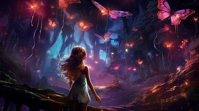 Daydream pixie lady mother gives enchantment light shining blossom to small cheerful pixie young lady. Dim night summer green woodland trees. Butterfly ensemble pink dress. Grinning