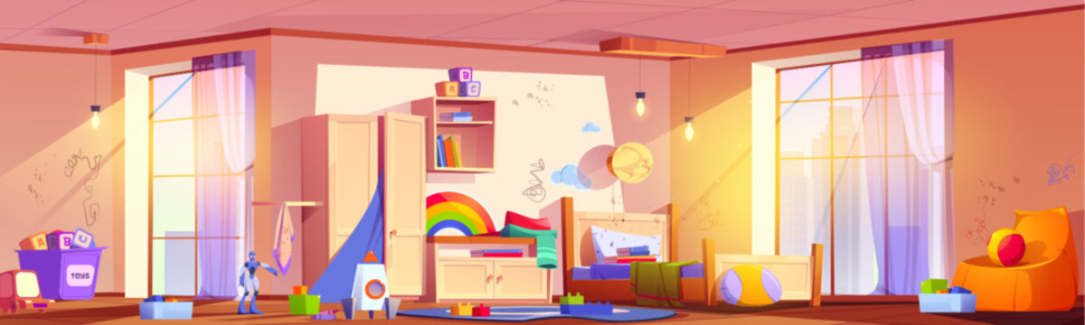 Messy untidy room of child boy. Cartoon vector illustration of cluttered kid bedroom with bed and furniture, painted stained walls, scattered toys and clothes. Chaos and disorder in playroom.