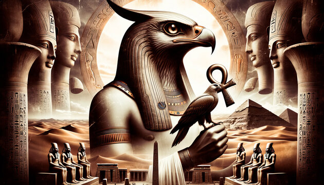 Historical representation of Horus in his human form, with the head of a falcon. He holds the ankh, symbolizing life, and the was scepter, representing power and dominion. The backdrop features the va