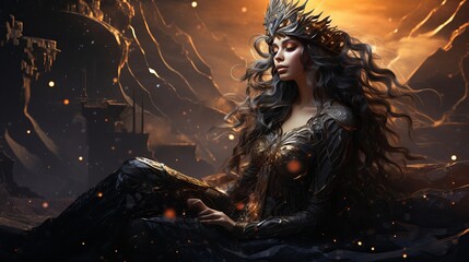 Legendary daydream lady ruler vamp sits on medieval antiquated position of royalty. Brilliant gothic crown on head. Mythical person young lady princess fiendish confront dark long hair. - obrazy, fototapety, plakaty
