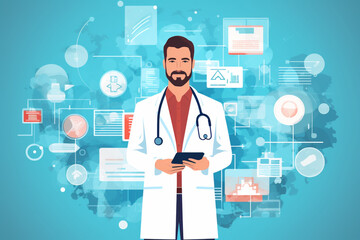 Health Insurance, telemedicine, virtual hospital, family medicine concept, Doctor using digital tablet with health care icons, medical technology background, health insurance business, aesthetic look