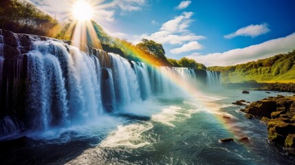 Fototapeta premium A luminous rainbow over a picturesque waterfall
