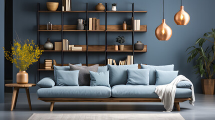 Wooden sofa with grey and blue pillows against blue wall with shelving unit. Scandinavian home interior design of modern living room