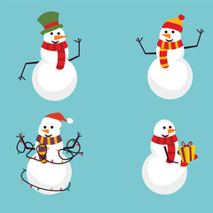 Set of cute christmas snowmen in hats and scarves. Snow men characters. Flat vector illustration isolated