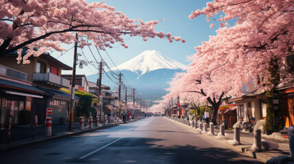 view of Mount Fuji from the street of a Japanese city, cherry blossoms, trees, tourism, Japan, travel, road, mountain landscape, beauty, walk, flowers - obrazy, fototapety, plakaty