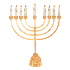 Candelabrum with 9 candles. Celebrating the traditional Jewish holiday Hanukkah. Family values and religious rituals. Vector illustration isolated on white background.