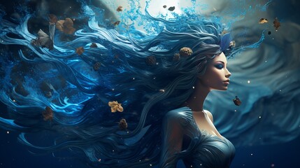 Strange sorceress mythical person lady lovely blue dress. long hair dress rippling fly wind. Foundation shinning harvest time pixie ruddy spiritualist timberland trees. Gothic Craftsmanship - obrazy, fototapety, plakaty