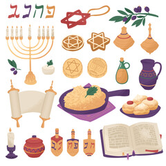 Large set on the theme Celebration of the traditional Jewish holiday Hanukkah. Family values and religious rituals. Vector illustration isolated on white background.