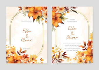 Orange frangipani wedding invitation card template with flower and floral watercolor texture vector