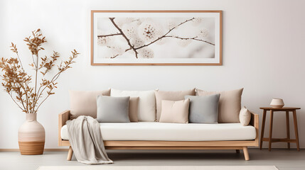 Wooden sofa with pillows and blanket against wall with art poster. Scandinavian interior design of modern stylish living room