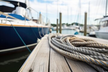 tight shot of thick ropes securing a boat to a marina berth - obrazy, fototapety, plakaty