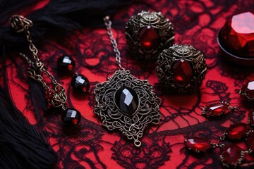 hand-made gothic style jewelry on a velveteen cloth