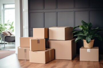 a stack of moving boxes in a living room