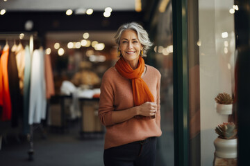 Fototapeta na wymiar Portrait of beautiful middle-aged woman in a clothing and accessories store. Mature owner or manager with elegant hairstyle greets customers. Successful small business in beauty and fashion industry.