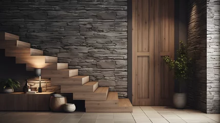 Deurstickers Wooden staircase and stone cladding wall in rustic hallway. Cozy home interior design of modern entrance hall with door © Samira