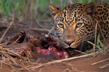 leopard watching as another enjoys a meal
