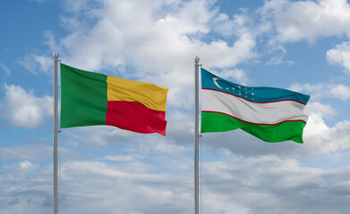 Uzbekistan and Benin flags, country relationship concept