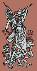  Engraving from the Middle Ages Archangel Michael Defeating the Dragon