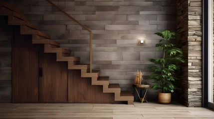 Foto op Canvas Wooden staircase and stone cladding wall in rustic hallway. Cozy home interior design of modern entrance hall with door © Samira