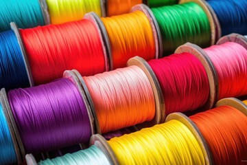 close-up of multicolored nylon threads in production line