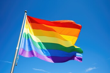 rainbow flag waving against a clear blue sky