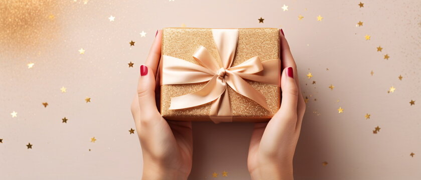 First person top view photo of female hands tying gold ribbon bow on craft paper Christmas gift box with copy space on pink background. Generative ai