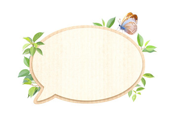 Green leaves and empty comic speech bubble from recycled carton material. Sustainable development of strategy approach to zero waste, responsible consumption. Eco-friendly concept