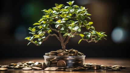 Plant growing in jar with coins. Concept of profitable investments.