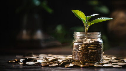 Plant growing in jar with coins. Concept of profitable investments.