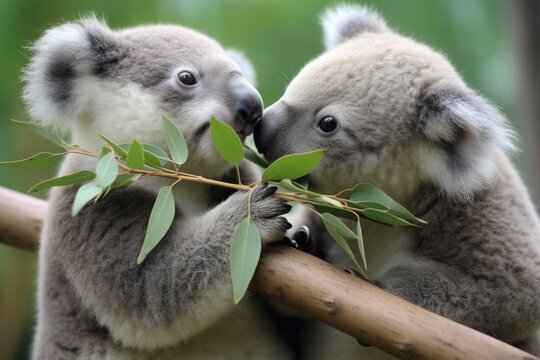 two koalas sharing a eucalyptus branch