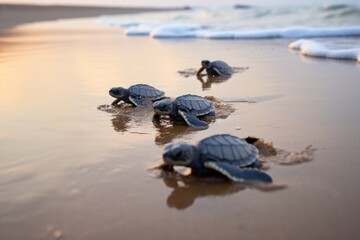 Fototapeta premium hatchling turtles crawling towards ocean waves