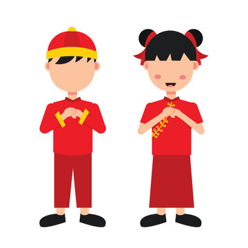 Cartoon chinese kids wearing traditional chinese costume