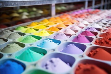close-up of paint pigment powders in a manufacturing facility - obrazy, fototapety, plakaty