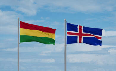 Iceland and Bolivia flags, country relationship concept