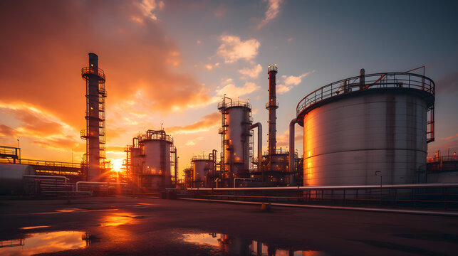Sunrise at an Industrial Oil Refinery Plant with Dramatic Cloudy Sky