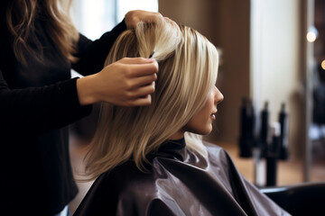 Hands of unrecognizable professional hairdresser drying hair of her client, new haircut, blonde female customer