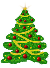 Ilustracion Arbol de navidad con luces, adornos y esferas rojas. Celebraciones de invierno
