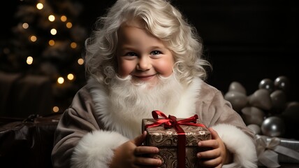 Christmas party: Festive portrait of Santa Claus child with beard and Christmas decorations